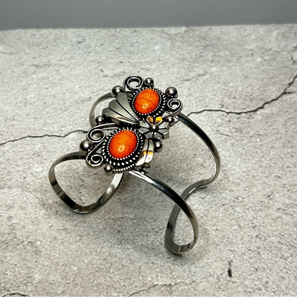 Bold Unique Silver Tone and Orange Stone Cuff Bracelet